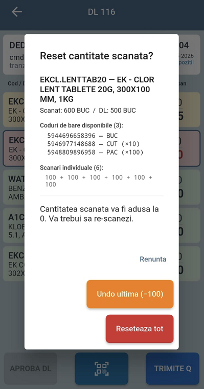 Dialog reset cu coduri bare, scanari individuale, butoane Undo si Reset