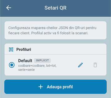 Lista profiluri QR cu badge IMPLICIT
