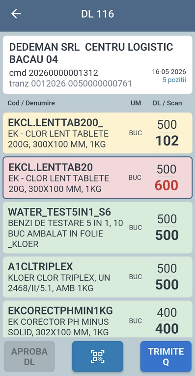 Ecran detaliu DL cu antet, header tabel si pozitii
