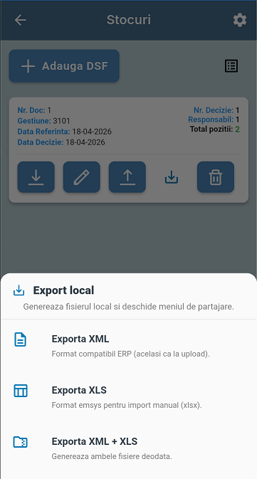 Bottom-sheet cu optiuni export XML / XLS / ambele