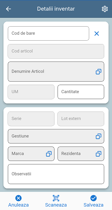Ecran adaugare pozitie obiecte inventar