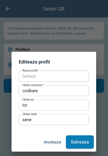 Editor profil QR cu campuri Nume, Cod bare, Lot, Serie